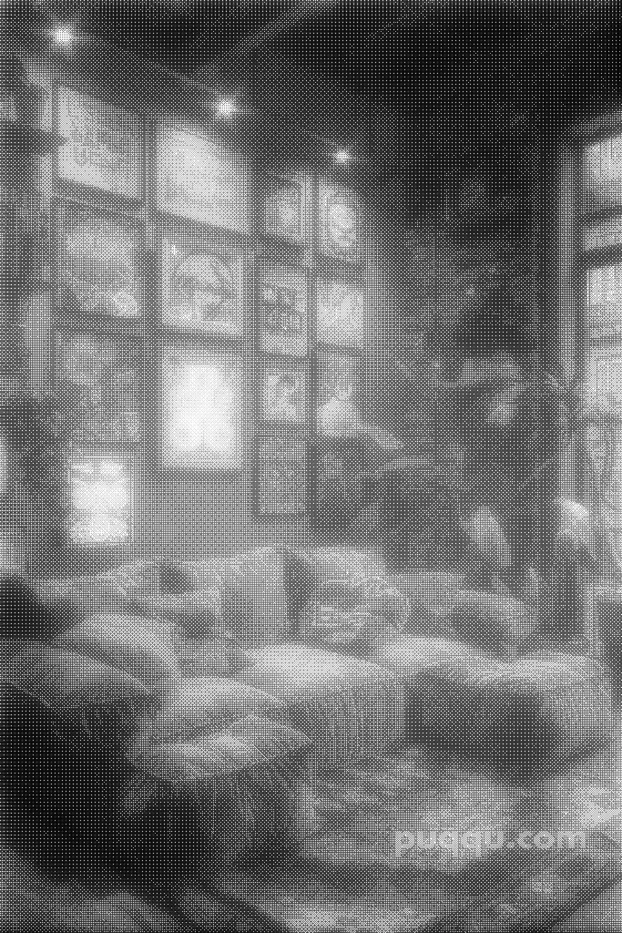 Illustration en dither noir et blanc représentant l’univers visuel de Chambre 2222